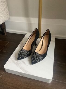 Ron White Black Suede Heels w/ Stone Flower Rope Detail